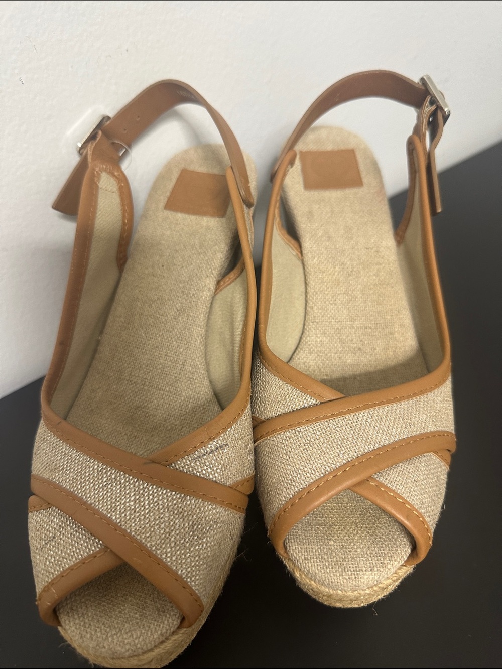 Tory Burch Tan Espadrille Crisscross Slingback Wedges